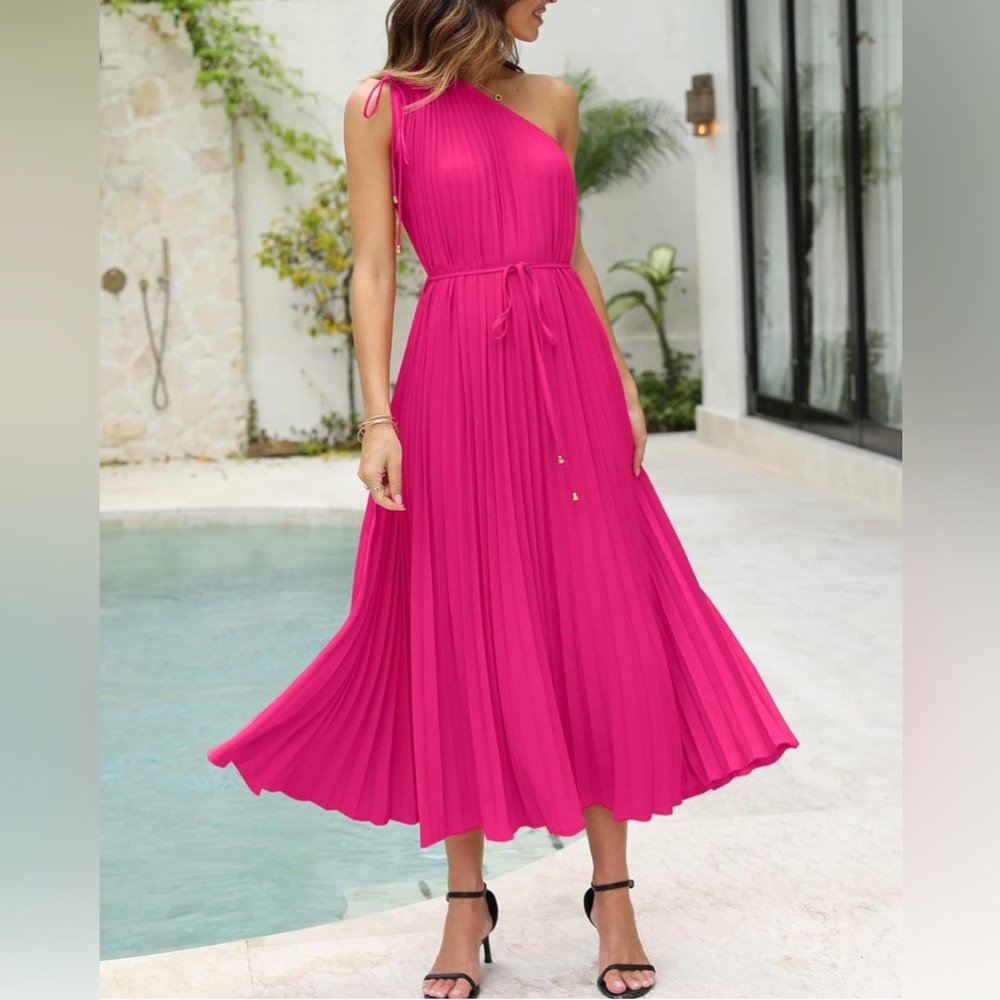 BTFBM Women's Drawstring One Shoulder Maxi Dresses Summer Sleeveless - Picture 5 of 8